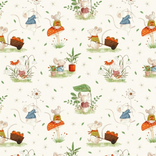 Whimsical Fields Mice Cream 82130102 by Mel Armstrong for Nutex Fabrics (sold in 25cm increments)