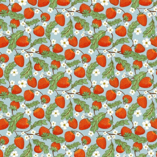 Pattern of strawberries and leaves on a blue background