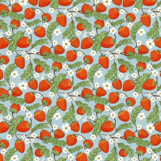 Pattern of strawberries and leaves on a blue background
