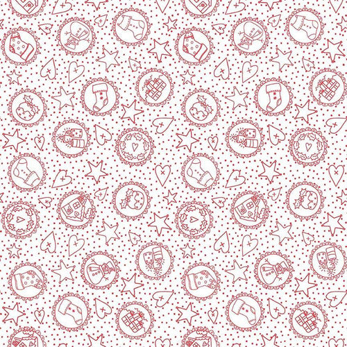 Redwork Christmas Cream Redwork Motifs in Circles by Mandy Shaw for Henry Glass Fabrics (sold in 25cm increments)