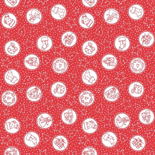 Redwork Christmas Red Redwork Motifs in Circles by Mandy Shaw for Henry Glass Fabrics (sold in 25cm increments)