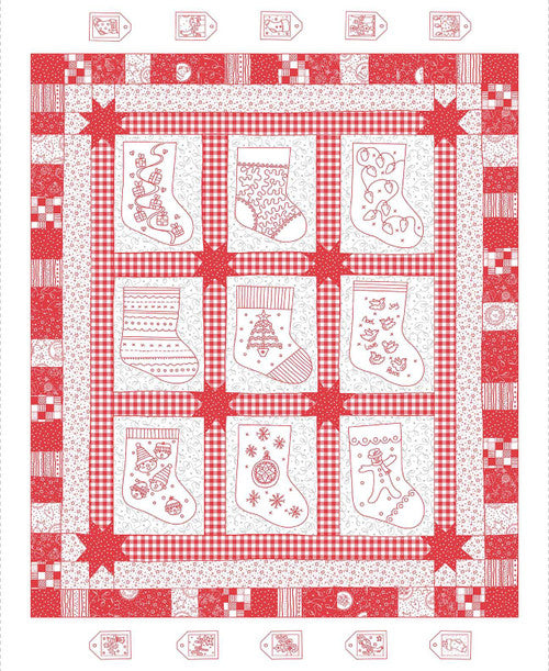 Redwork Christmas Embroidered Stocking Panel by Mandy Shaw for Henry Glass Fabrics