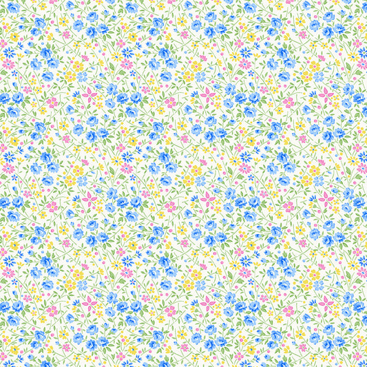 Nana Mae 7 Wild Flowers Cream Blue 902-01 by Henry Glass Fabrics (sold in 25cm increments)