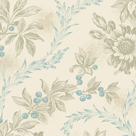 Cocoa Blue Cream Ruscus A726LB by Laundry Basket Quilts for Andover Fabrics (sold in 25cm increments)