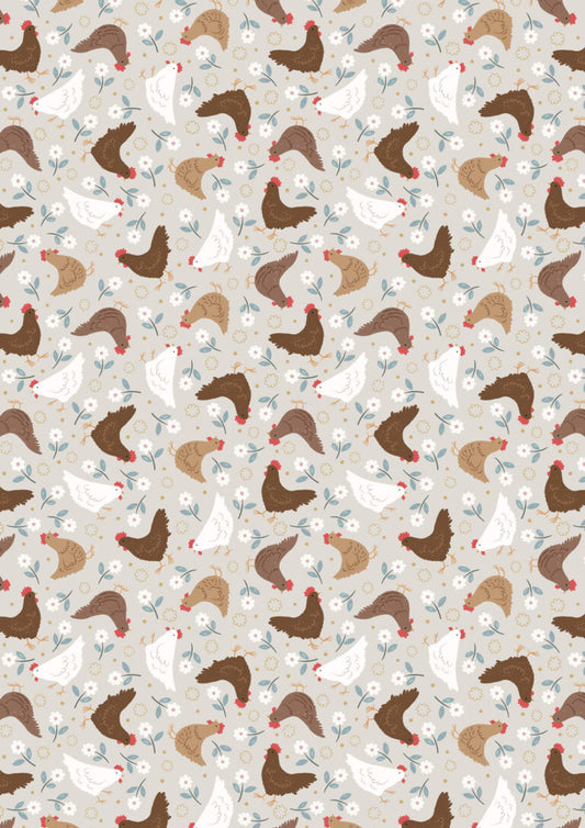 Country Croft Hens on Grey A958B by Lewis and Irene (sold in 25cm increments)
