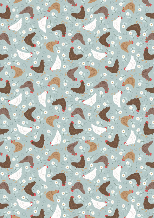 Country Croft Hens on Blue A958C by Lewis and Irene (sold in 25cm increments)