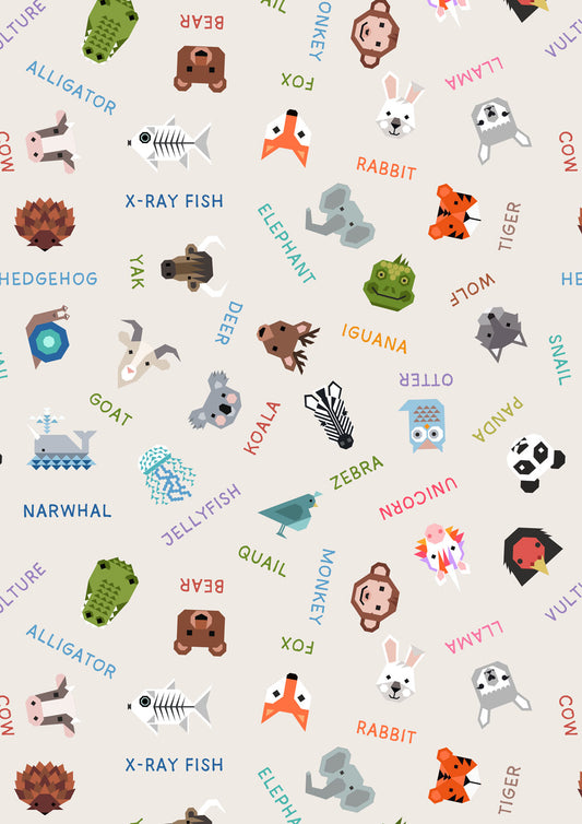 Animal Alphabet Animal Names Cream A971A by Lewis and Irene (sold in 25cm increments)
