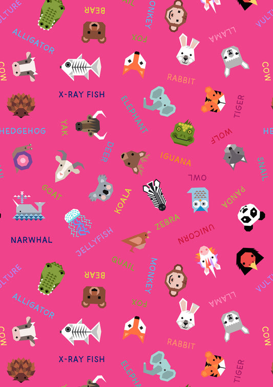 Animal Alphabet Animal Names Pink A971B by Lewis and Irene (sold in 25cm increments)