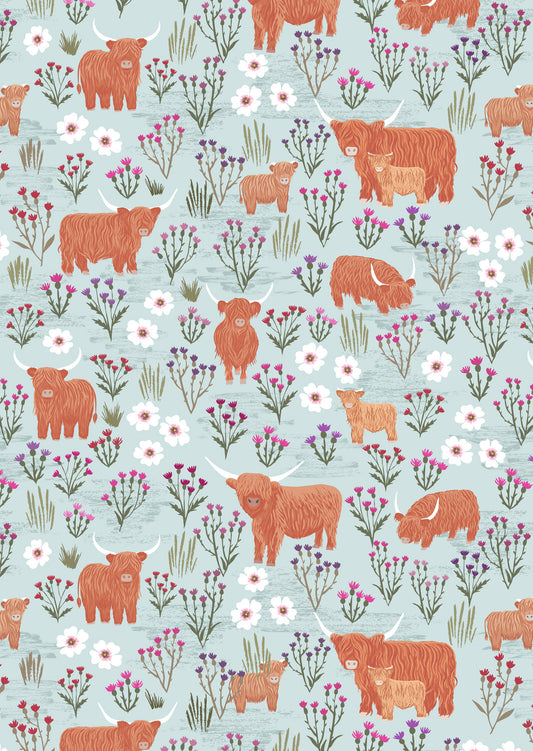 A Celtic Summer Meadow Highland on Breezy Blue A987B by Lewis and Irene (sold in 25cm increments)