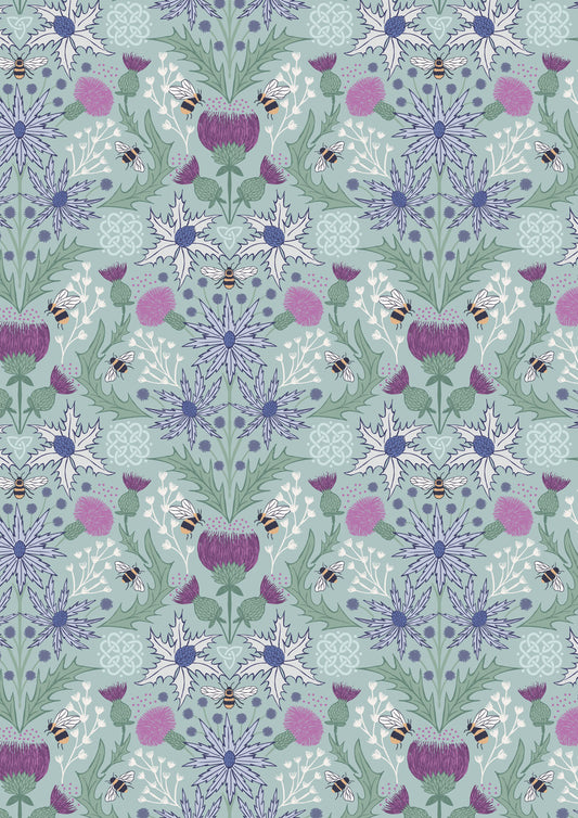 A Celtic Summer Mirrored Thistle and Bee on Duck Egg A989B by Lewis and Irene (sold in 25cm increments)