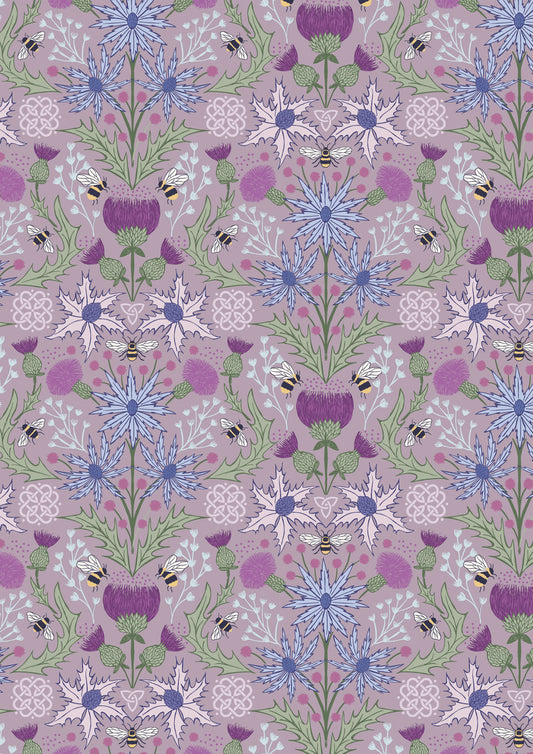 A Celtic Summer Mirrored Thistle and Bee on Heather A989C by Lewis and Irene (sold in 25cm increments)