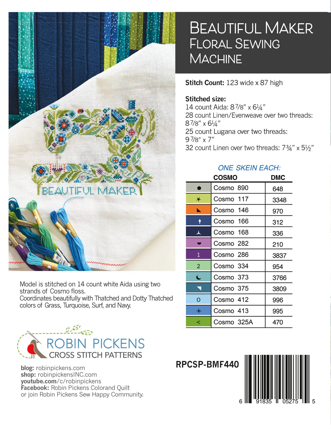 Beautiful Maker Floral Sewing Machine Cross Stitch Pattern by Robin Pickens