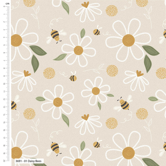 Bramble & Bumble 01 Daisy Bees by The Craft Cottage Co for Visage Fabrics (sold in 25cm increments)