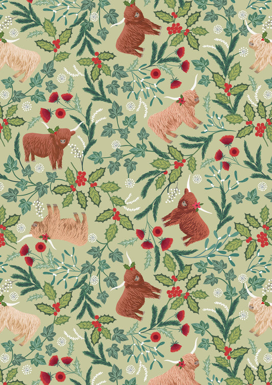 Celtic Christmas Highlands on Festive Sage C130B by Lewis and Irene (sold in 25cm increments)