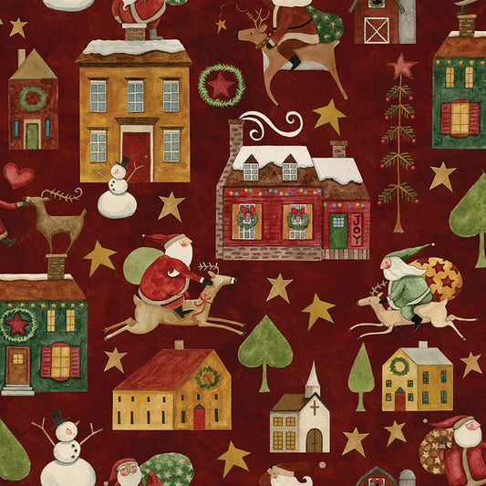 Up on the Housetop Main Cranberry C14730 by Teresa Kogut for Riley Blake Designs (sold in 25cm increments)