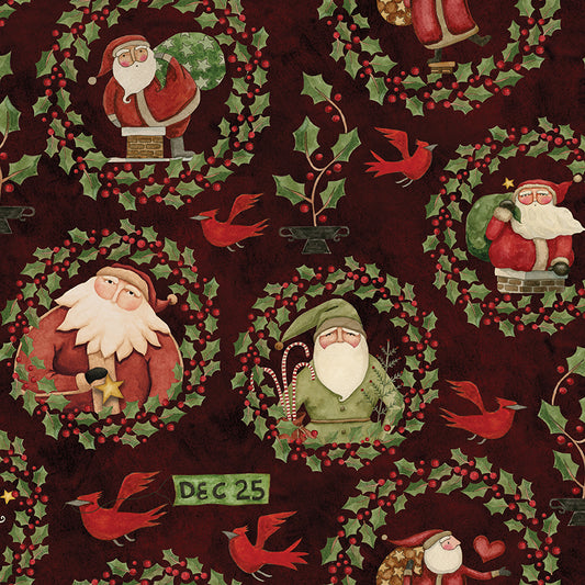 Up on the Housetop Santa Holly Dark Cranberry C14731 by Teresa Kogut for Riley Blake Designs (sold in 25cm increments)