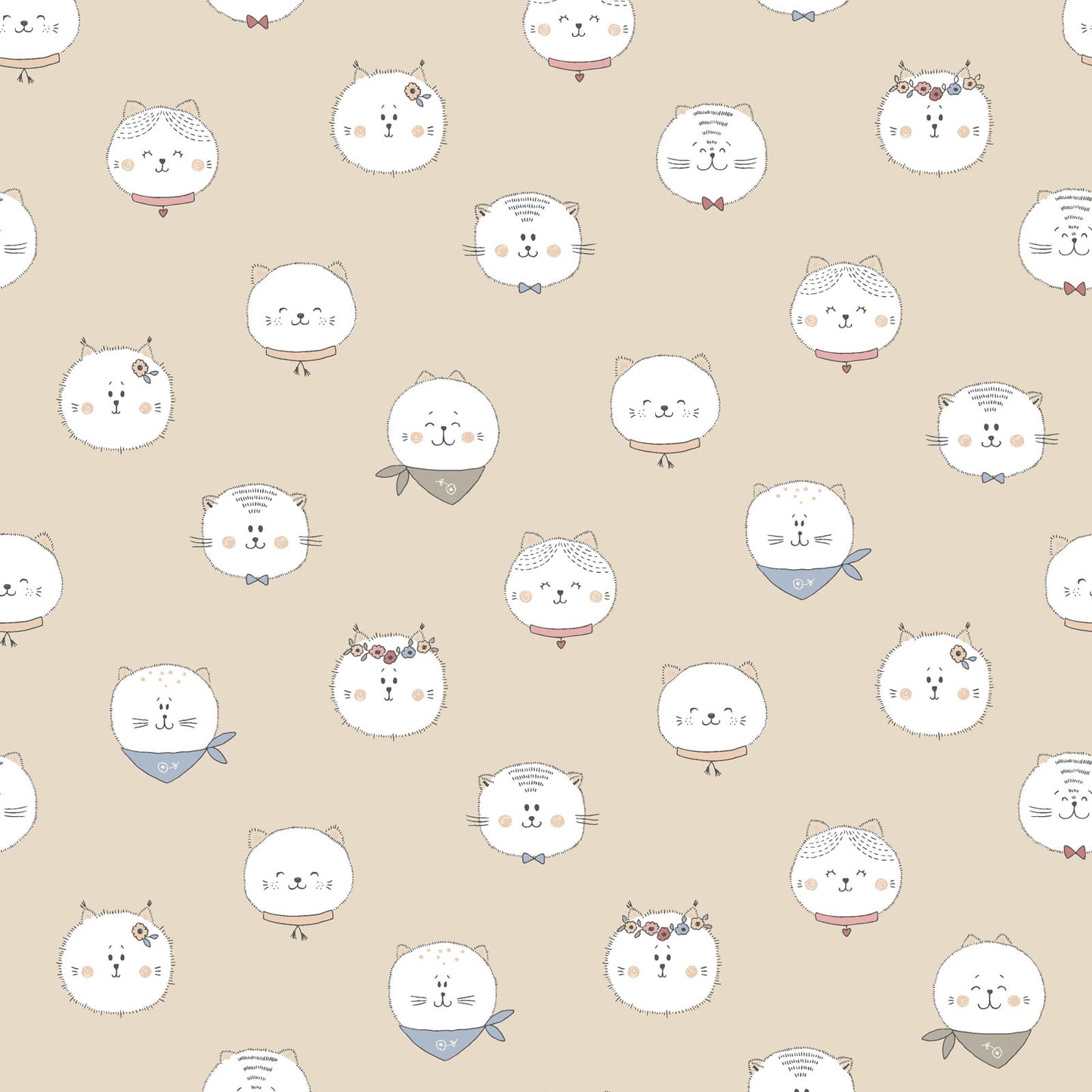 Kitten Fun Faces Light Khaki Y4568-11 by Julia Khimich for Clothworks (sold in 25cm increments)