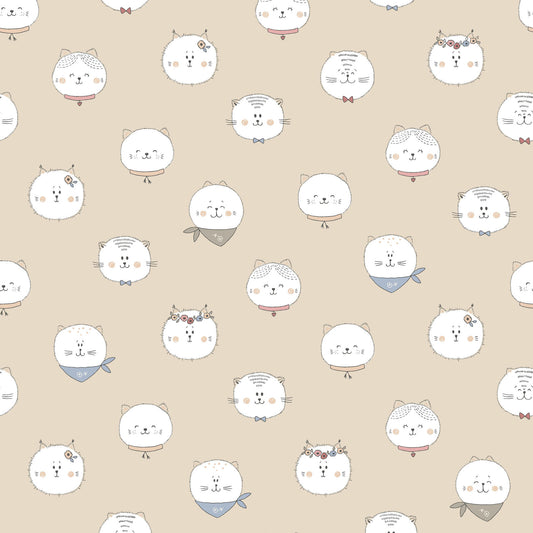 Kitten Fun Faces Light Khaki Y4568-11 by Julia Khimich for Clothworks (sold in 25cm increments)