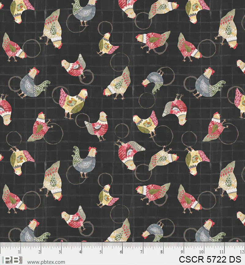 Chicken Scratch Black Scattered Chickens PB5722DS by Courtney Prahl for P & B Textiles (sold in 25cm increments)