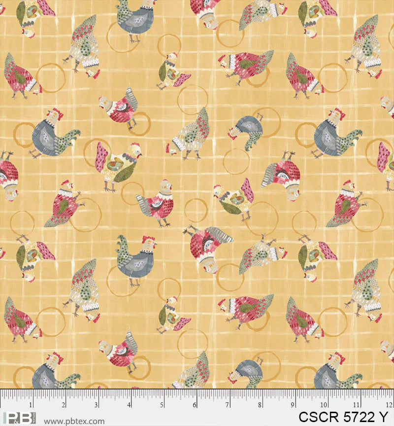 Chicken Scratch Yellow Scattered Chickens PB5722Y by Courtney Prahl for P & B Textiles (sold in 25cm increments)