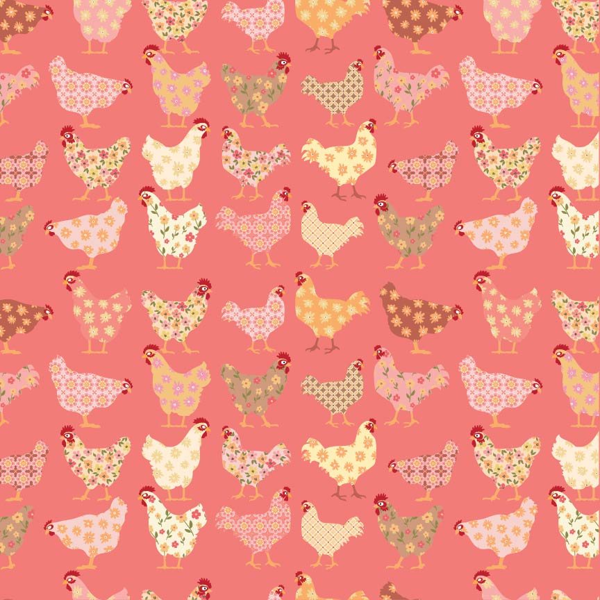 Homestead Cheeky Chickens Pink PH23401 by Prairie Sisters for Poppie Cotton (sold in 25cm increments)