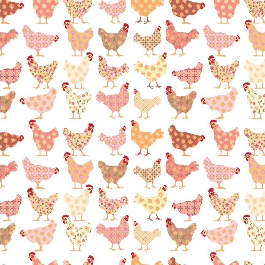 Homestead Cheeky Chickens White PH23402 by Prairie Sisters for Poppie Cotton (sold in 25cm increments)