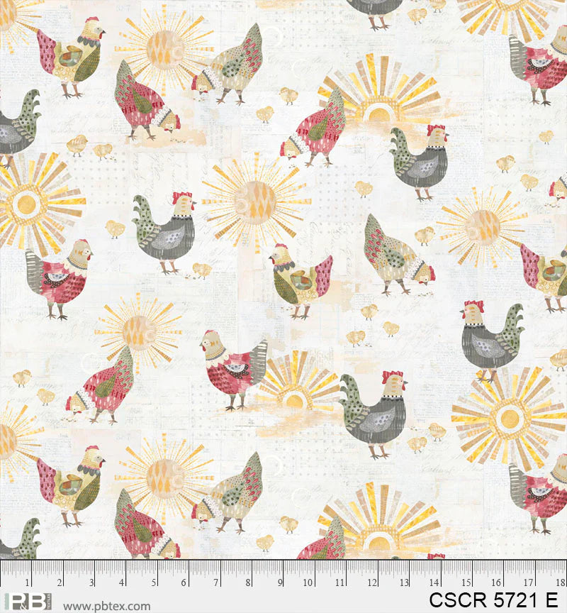 Chicken Scratch Cream Chicken Sun PB5721E by Courtney Prahl for P & B Textiles (sold in 25cm increments)