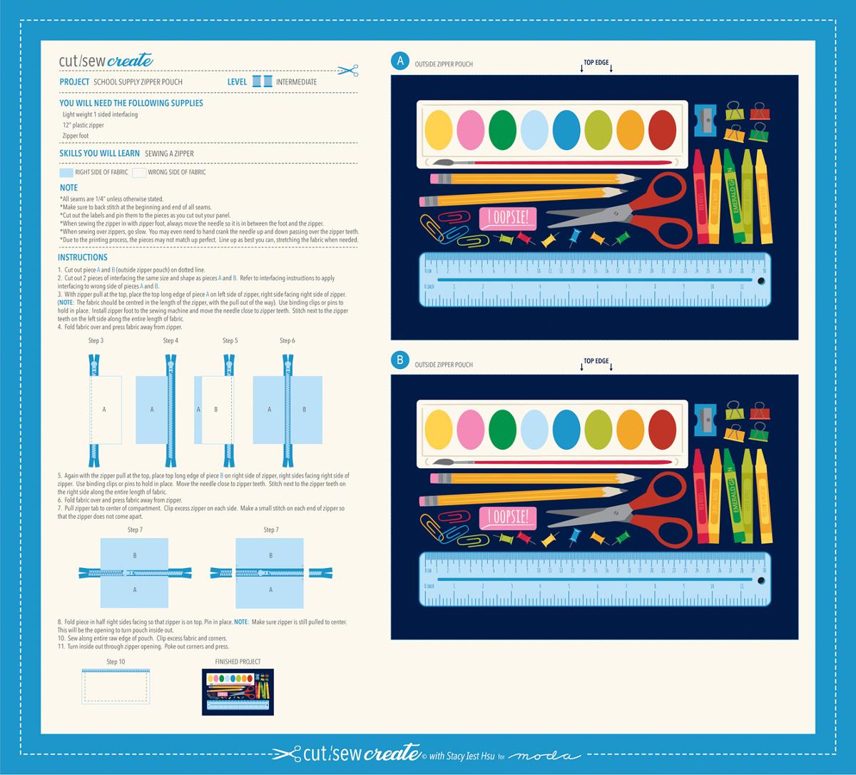 School Supply Zipper Pouch Panel Cut Sew Create by Stacy Iest Hsu for Moda fabrics