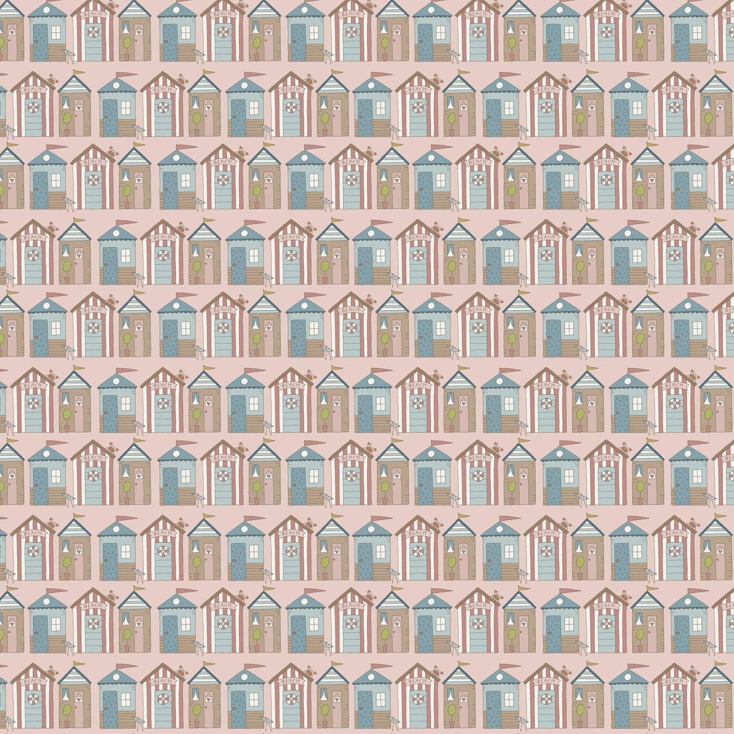 Sunkissed Sojourn Pink Beach Huts DV6100 by Natalie Bird of Birdhouse Designs for Devonstone (sold in 25cm increments)