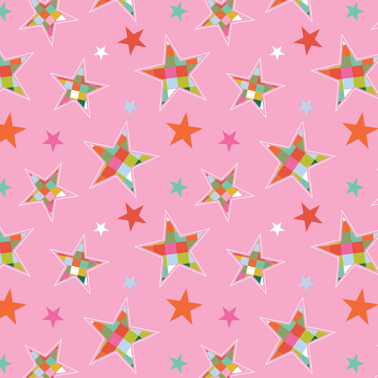 Deck The Halls Pink Scattered Star DV6926 by Devonstone Fabrics (sold in 25cm increments)