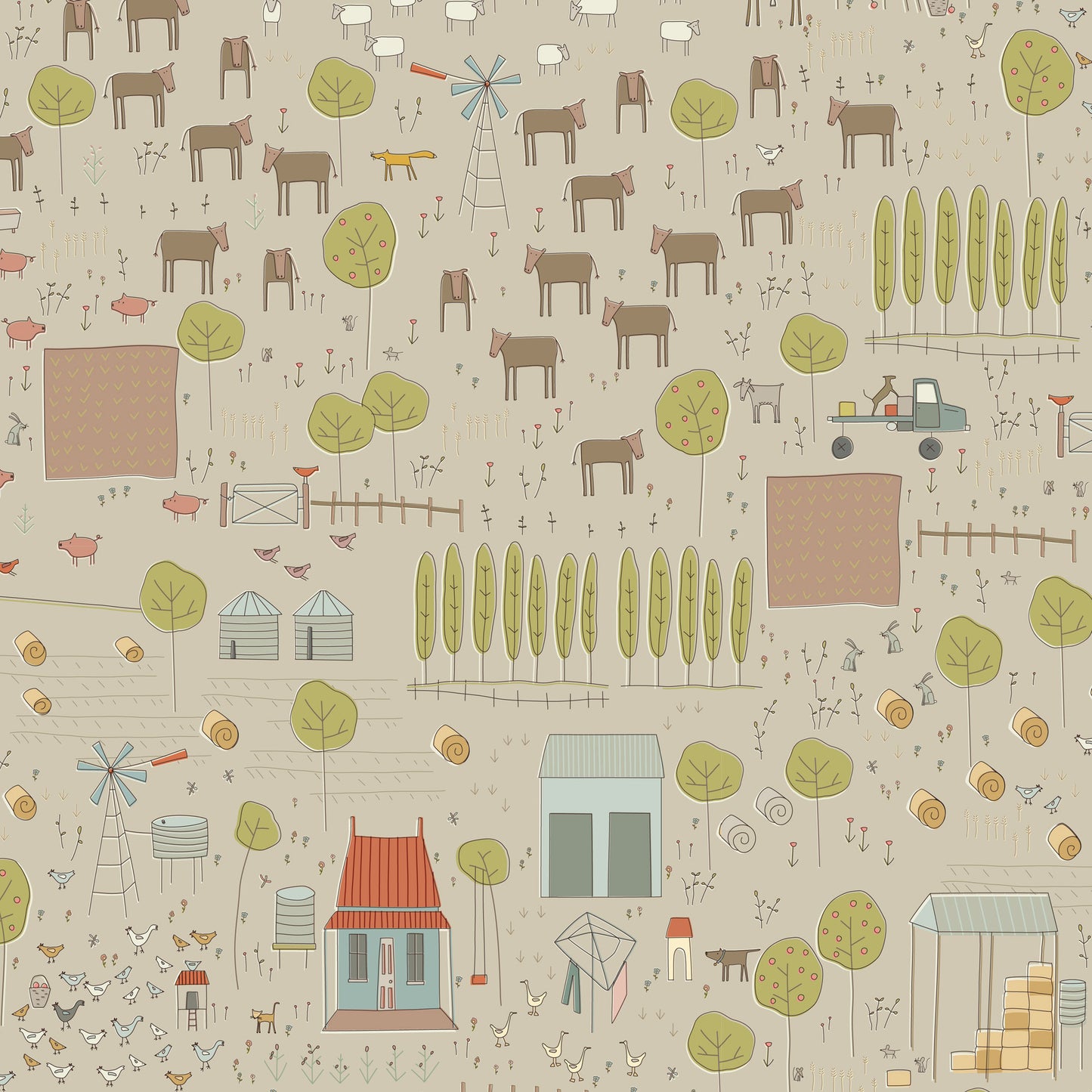 Appleby Farm Main Print Taupe DV7731 by Hatched and Patched for Devonstone Fabrics (sold in 25cm increments)