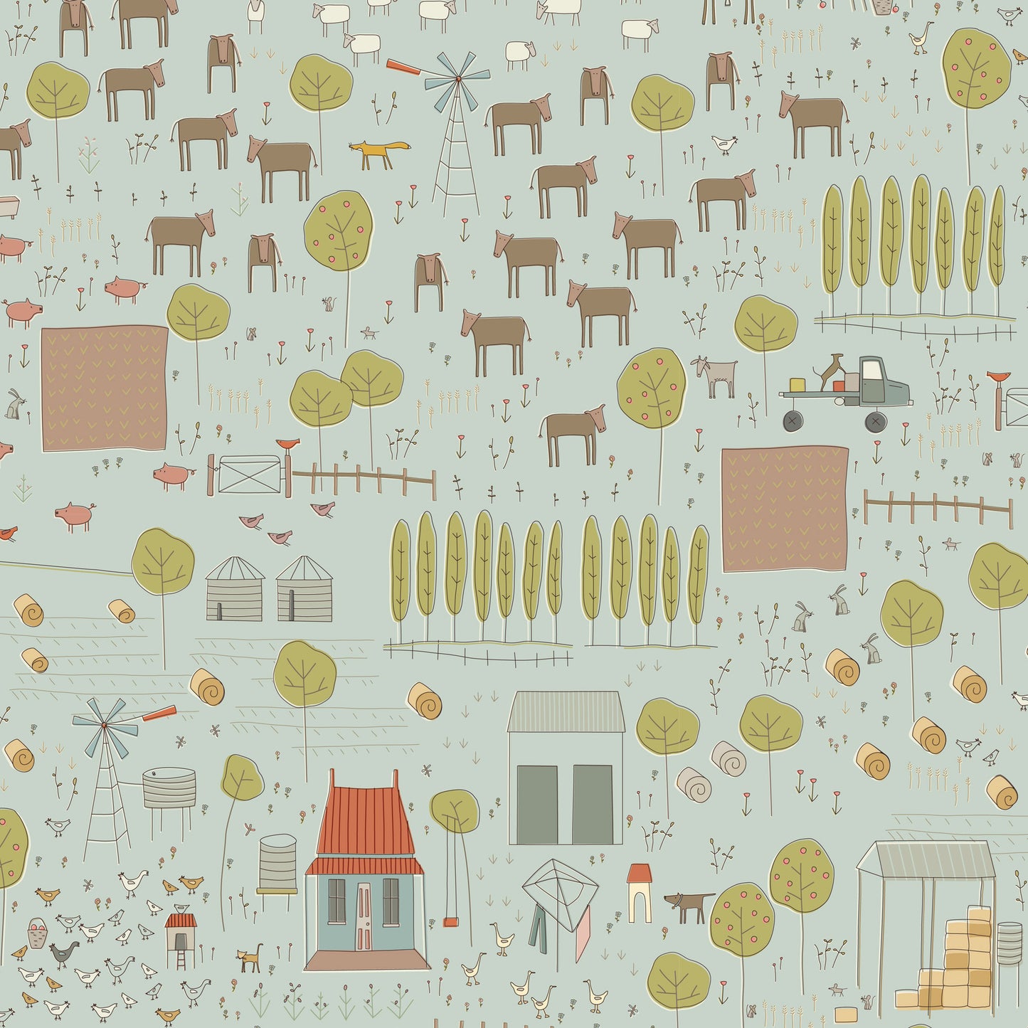 Appleby Farm Main Print Blue DV7732 by Hatched and Patched for Devonstone Fabrics (sold in 25cm increments)