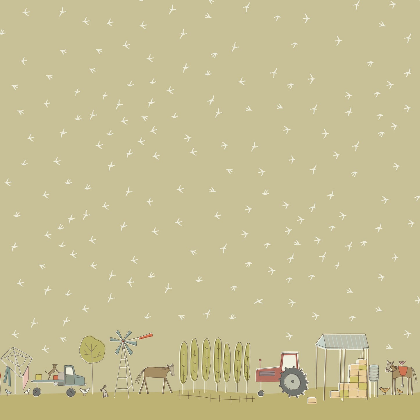 Appleby Farm Border Print Taupe DV7735 by Hatched and Patched for Devonstone Fabrics (sold in 25cm increments)