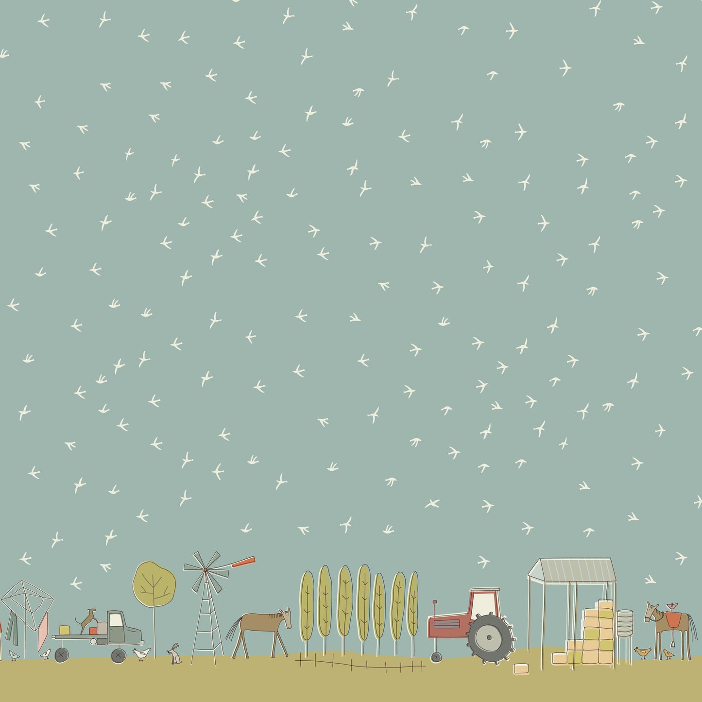 Appleby Farm Border Print Blue DV7736 by Hatched and Patched for Devonstone Fabrics (sold in 25cm increments)