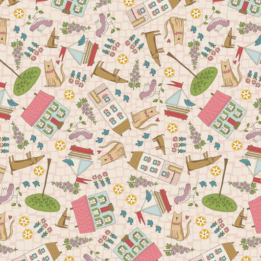 Out & About Scattered Houses Pink DV7756 by Natalie Bird for Devonstone Fabrics (sold in 25cm increments)