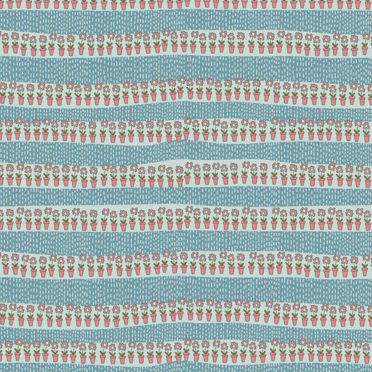 Out & About Flower Pot Stipe Blue DV7764 by Natalie Bird for Devonstone Fabrics (sold in 25cm increments)