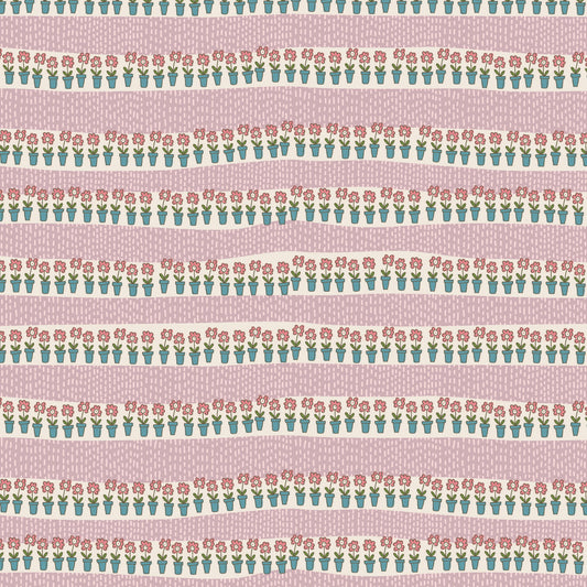 Out & About Flower Pot Stripe Purple DV7766 by Natalie Bird for Devonstone Fabrics (sold in 25cm increments)