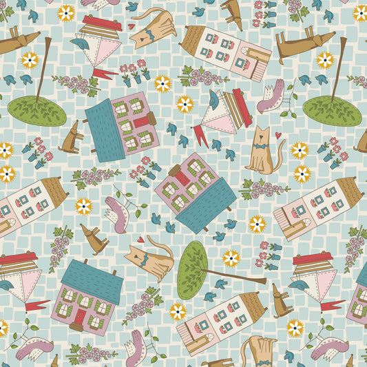 Out & About Wideback Scattered Houses Light Blue DV7779 by Natalie Bird for Devonstone Fabrics (sold in 25cm increments)