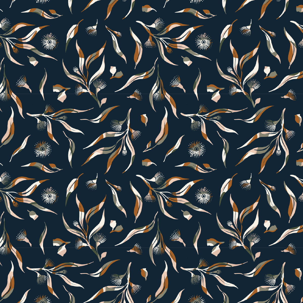 Bushland Beauty Eucalyptus Flower Black DV7866 by Wirihana Designs for Devonstone Fabrics (sold in 25cm increments)