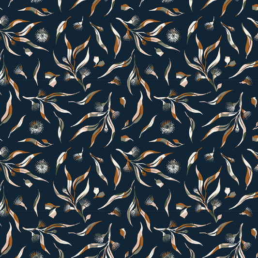 Bushland Beauty Eucalyptus Flower Black DV7866 by Wirihana Designs for Devonstone Fabrics (sold in 25cm increments)