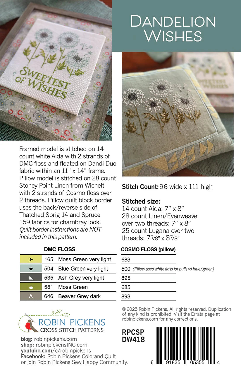Dandelion Wishes Cross Stitch Pattern by Robin Pickens