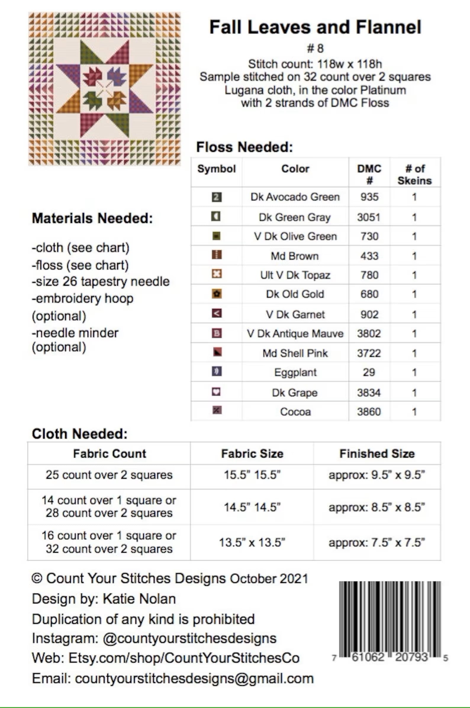 Fall Flanel Pattern Fall Leaves and Flannel Cross Stitch Pattern by Count Your Stitches De ...