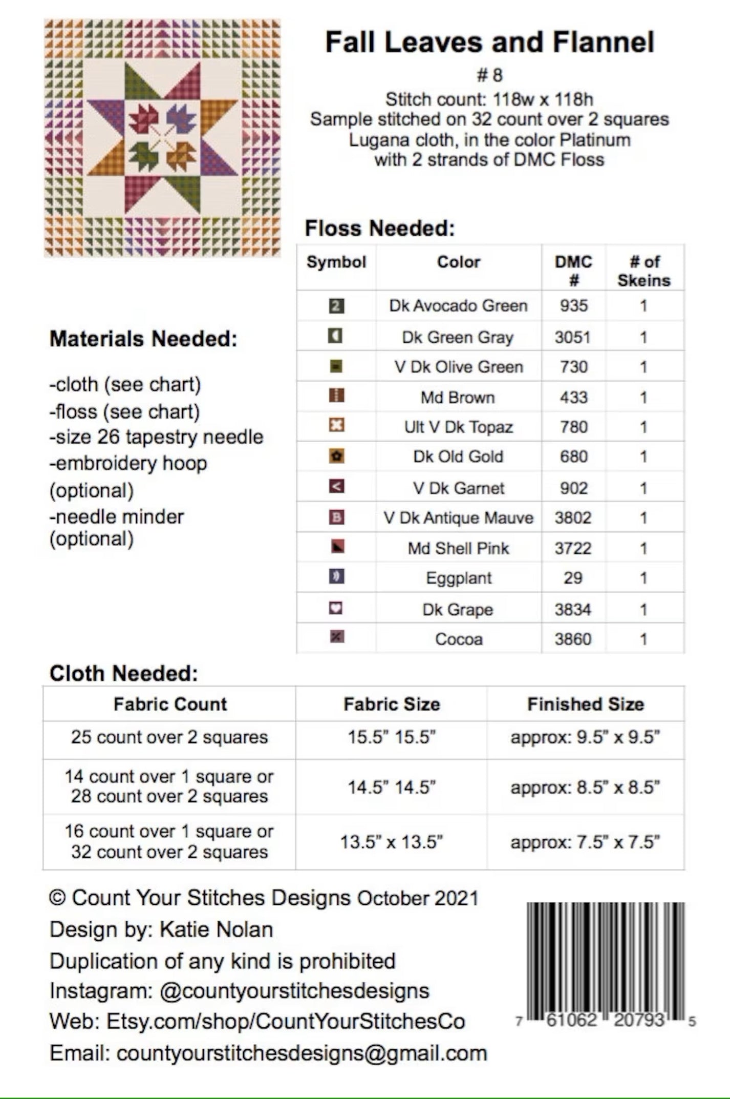 Fall Leaves and Flannel Cross Stitch Pattern by Count Your Stitches De ...