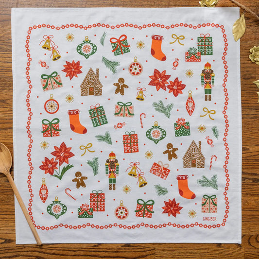 Festive Trinkets Whimsical Holiday Tea Towel by Gingiber