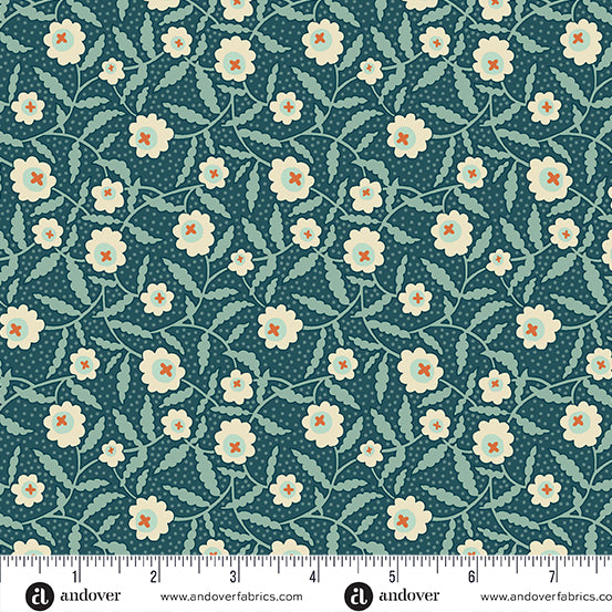 Flower Box Peacock Bachelor Button A1016T by Renee Nanneman for Andover Fabrics (sold in 25cm increments)