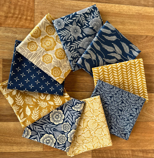 Flower Press Blue Golds Fat Quarter Bundle by Katharine Watson of Moda fabrics
