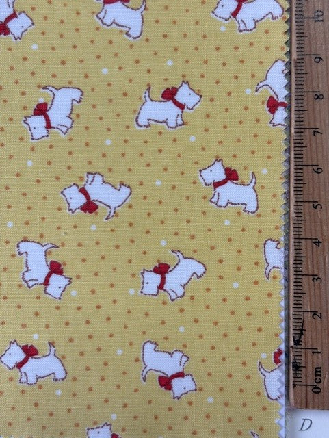 Happy Message 30's Collection Scotty Dog Yellow HM10647-D by Atsuko Matsuyama for Yuwa Fabrics (sold in 25cm increments)