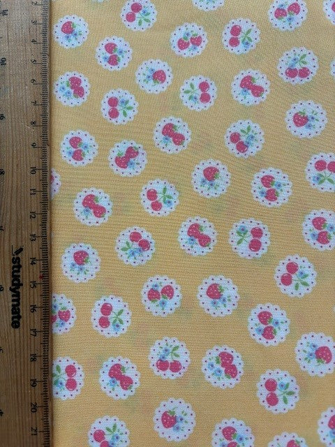 Happy Message 30's Collection Cherries Yellow HM10722-C by Atsuko Matsuyama for Yuwa Fabrics (sold in 25cm increments)