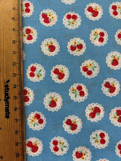Happy Message 30's Collection Cherries Blue HM10722-D by Atsuko Matsuyama for Yuwa Fabrics (sold in 25cm increments)