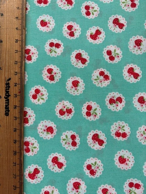 Happy Message 30's Collection Cherries Green HM10722-E by Atsuko Matsuyama for Yuwa Fabrics (sold in 25cm increments)